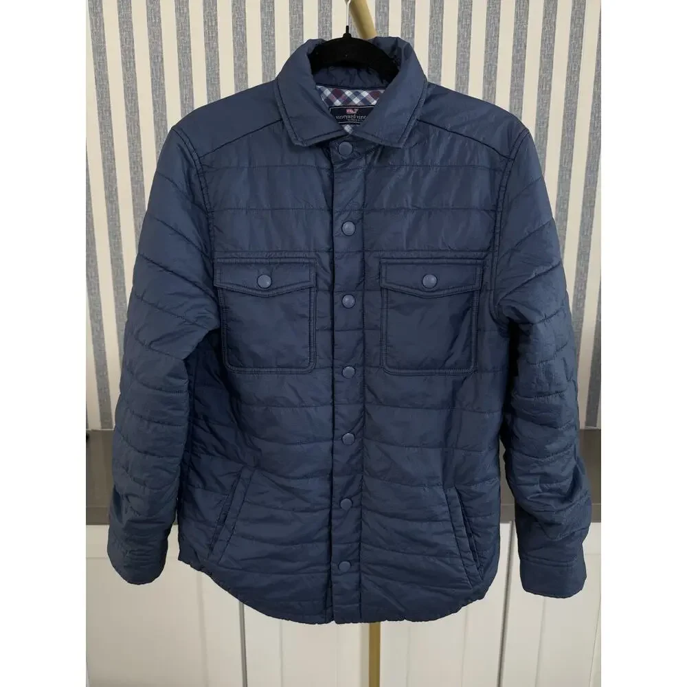 Vineyard Vines Men’s Puffer Jacket Blue Quilted Snap Close Plaid Lining Medium
